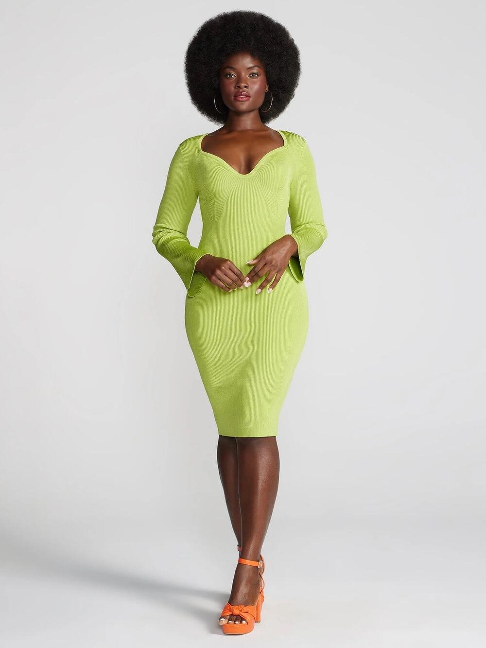 Gabrielle Union Spring Green Long Sleeve Ribbed Knit Midi Bodycon Dress Medium